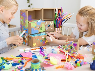 Two girls playing with the new Craft Station