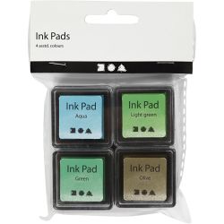 Ink Pad, H: 2 cm, size 3,5x3,5 cm, green, light green, olive, aqua, 4 pc/ 1 pack