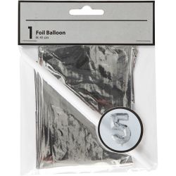 Foil Balloon, 5, H: 41 cm, silver, 1 pc