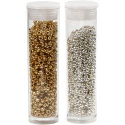 Rocaille Seed Beads, dia. 1,7 mm, size 15/0, hole size 0,5-0,8 mm, gold, silver, 2x7 g/ 1 pack