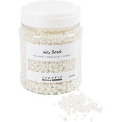 Wax Beads, dia. 3-8 mm, hole size 1,3-2,5 mm, white - mother-of-pearl, 430 g, 700 ml/ 1 tub