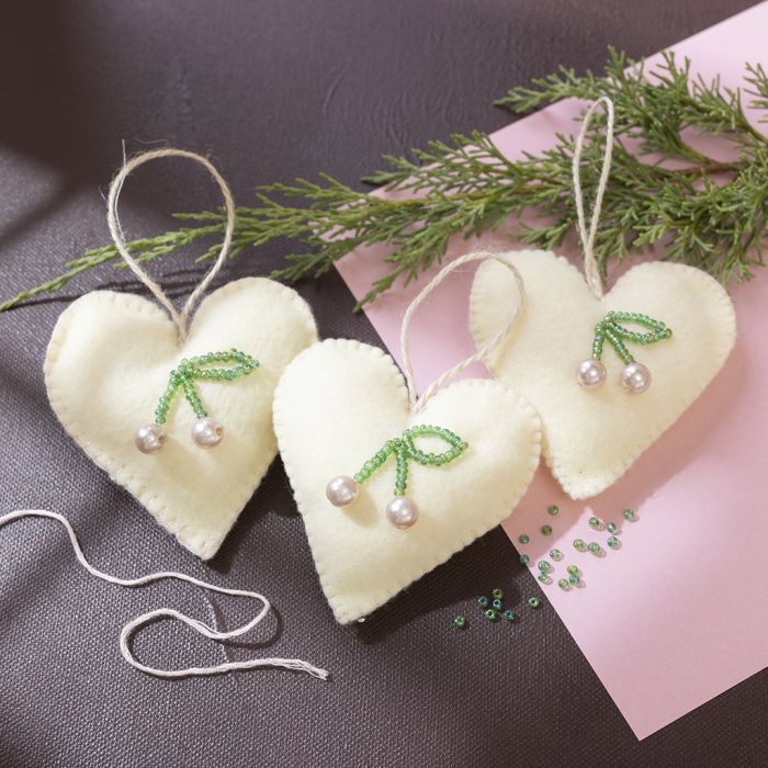 Felt Christmas hearts with beaded cherries