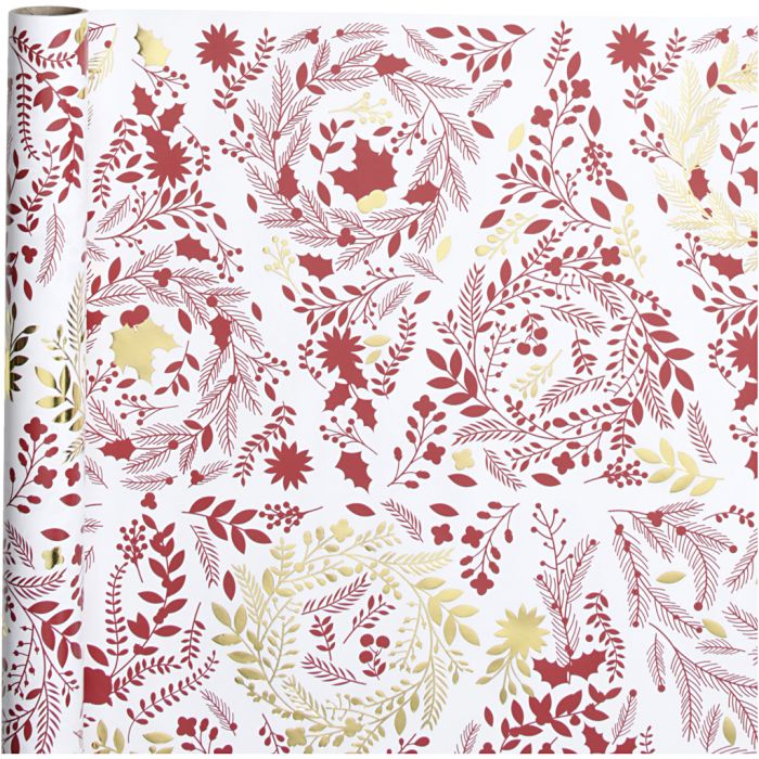 Gift wrap, Christmas trees, W: 50 cm, 80 g, gold, red, white, 3 m/ 1 roll