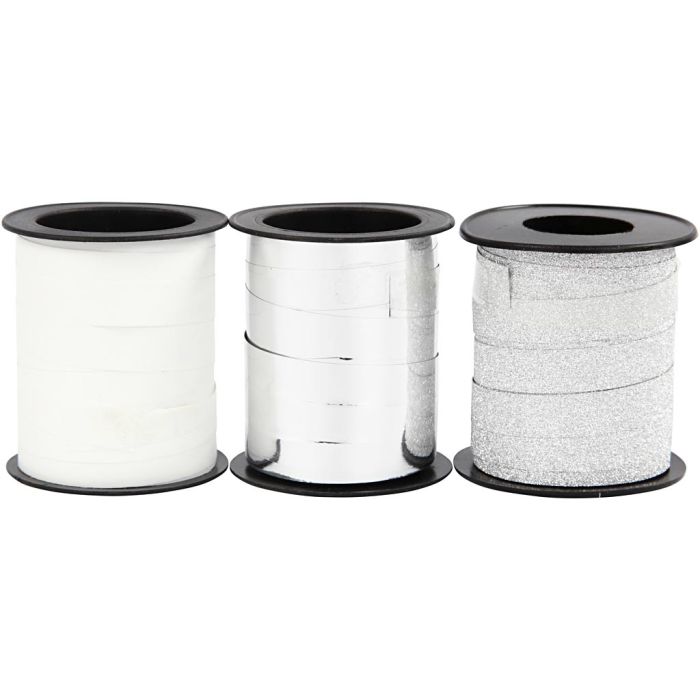 Curling Ribbon, W: 10 mm, silver, glitter silver, white, 3x15 m/ 1 pack