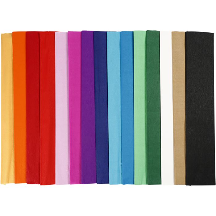Crepe Paper, L: 2,5 m, W: 50 cm, 22 g, assorted colours, 4x15 pleats/ 1 pack