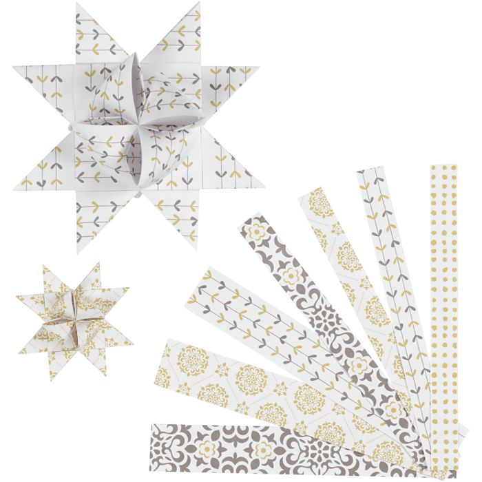 Paper Star Strips, L: 44+78 cm, dia. 6,5+11,5 cm, W: 15+25 mm, gold, white, 48 strips/ 1 pack
