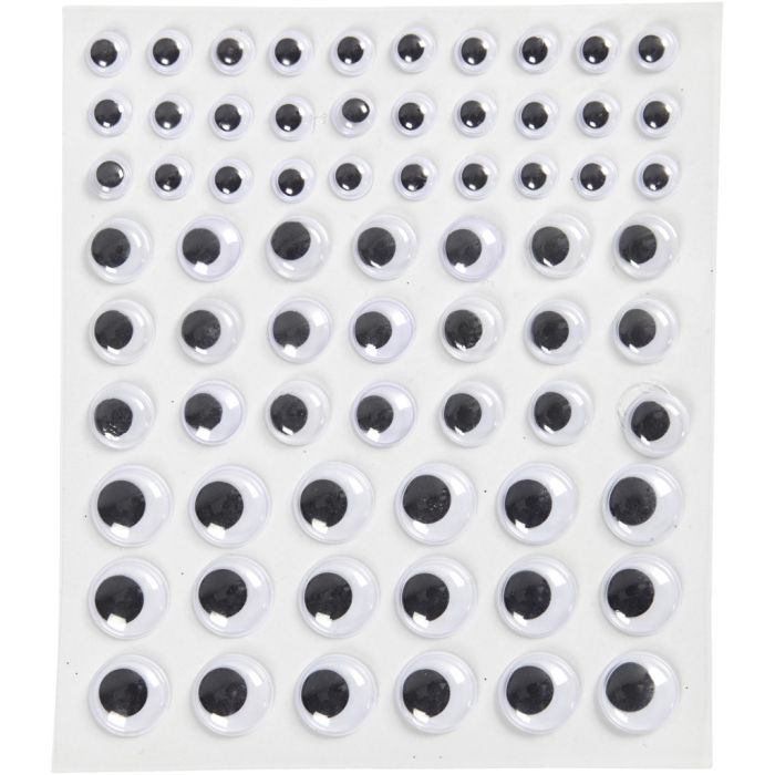 Wiggly Eyes, self-adhesive, dia. 8+12+14 mm, white, 69 pc, 1 sheet