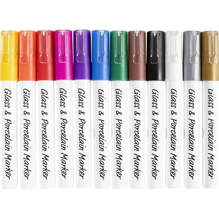 Glass & Porcelain Marker, line 1-2 mm, semi opaque, assorted colours, 12 pc/ 1 pack