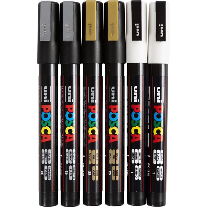 Posca Marker, no. PC-3M, line 0,9-1,3 mm, fine, gold, silver, white, 6 asstd./ 1 pack