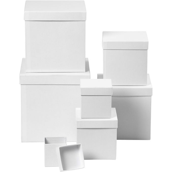 Boxes, square, size 7,5x7,5x7,5 + 10x10x10 + 13x13x13 + 15x15x15 + 18x18x18 + 20x20x20 + 23x23x23 cm, white, 7 pc/ 1 set