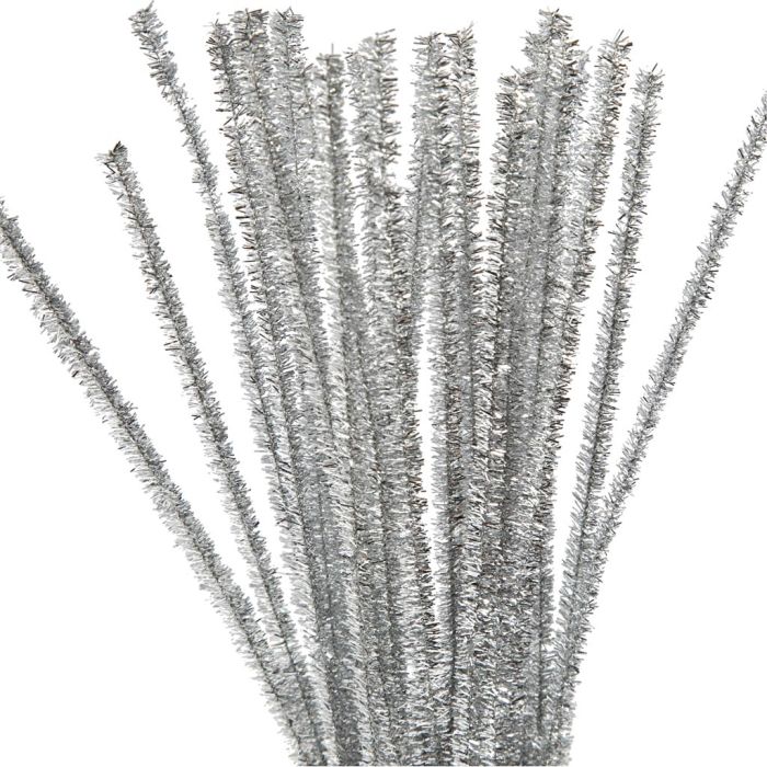 Chenille, L: 30 cm, thickness 6 mm, glitter, silver, 24 pc/ 1 pack