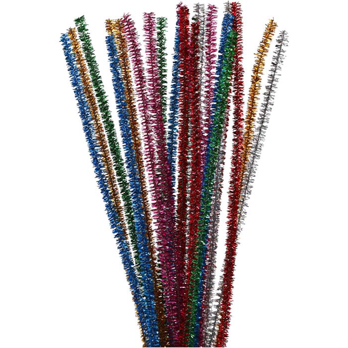 Chenille, L: 30 cm, thickness 6 mm, glitter, bold colours, 24 asstd./ 1 pack