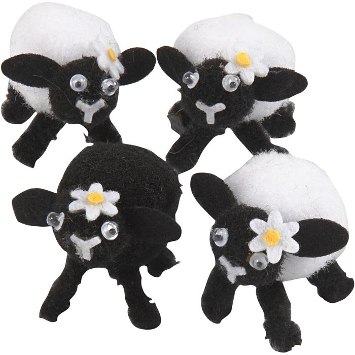 Easter lambs, H: 35 mm, black, white, 4 pc/ 1 pack