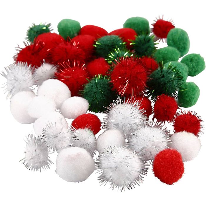 Pom poms, dia. 15+20 mm, green, red, white, 48 pc/ 1 pack