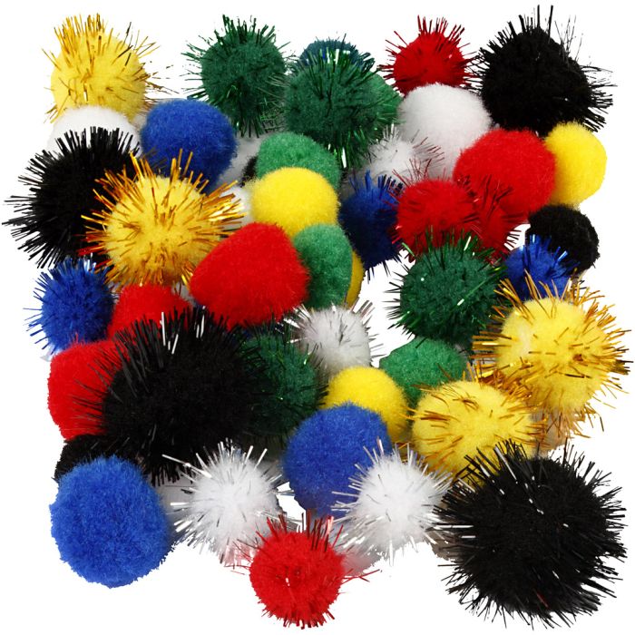 Pom poms, dia. 15+20 mm, assorted colours, 48 pc/ 1 pack