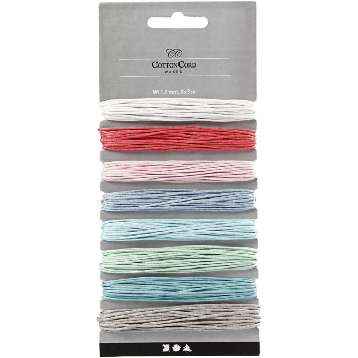 Cotton Cord, thickness 1 mm, waxed, pastel colours, 8x5 m/ 1 pack