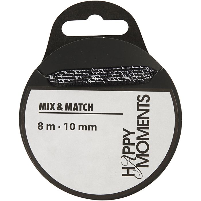 Satin Ribbon With Print, W: 10 mm, black, 8 m/ 1 roll