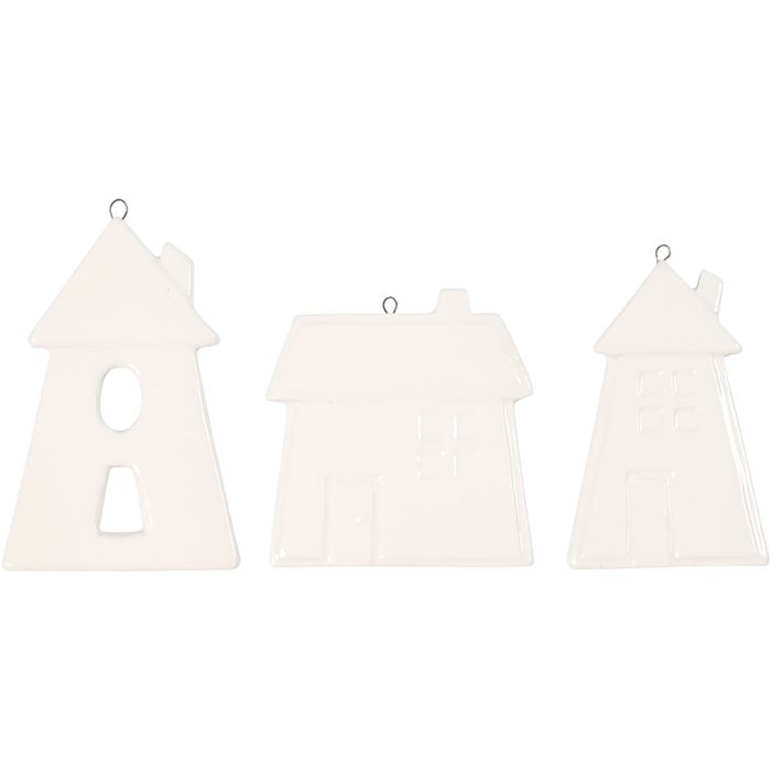 Hanging Ornaments, houses, H: 7,6-9,7 cm, white, 3 pc/ 1 pack