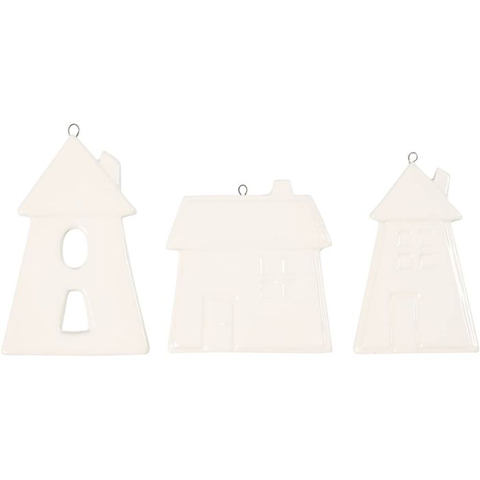 Hanging Ornaments, houses, H: 7,6-9,7 cm, white, 18 pc/ 1 pack