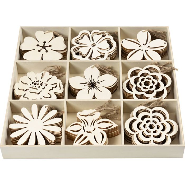 Wooden Ornament, dia. 100 mm, thickness 3 mm, flowers, 90 pc/ 1 pack