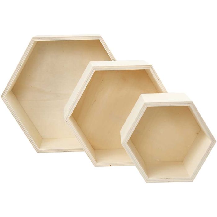 Storage Boxes, hexagonal, H: 14,8+19+24,2 cm, D. 10 cm, 3 pc/ 1 set