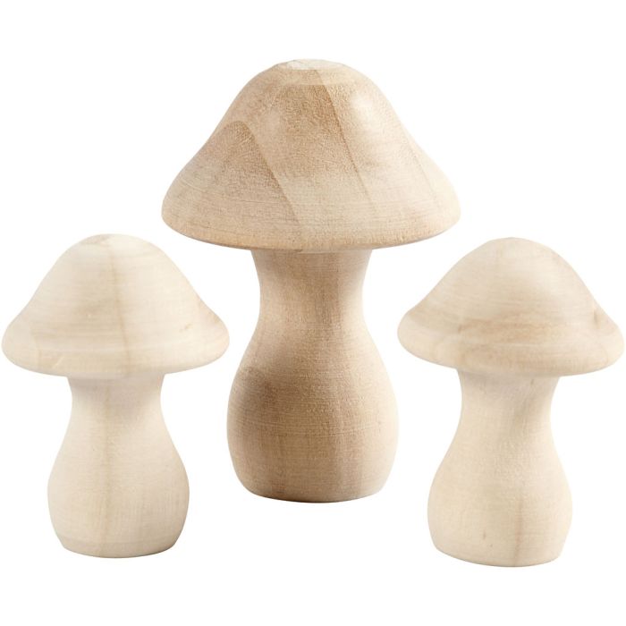 Wooden Mushrooms, dia. 3,3+4,5 cm, size 4,5+6,5 cm, 3 pc/ 1 pack