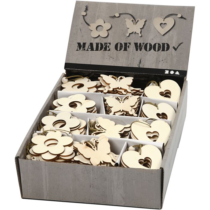 Wooden Ornament, flower, butterfly, heart, size 6 cm, thickness 3 mm, 200 pc/ 1 pack