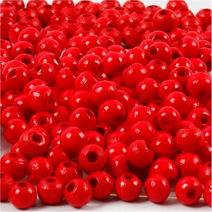 Wooden Beads, dia. 5 mm, hole size 1,5 mm, ca. 150 pc, red, 6 g/ 1 pack