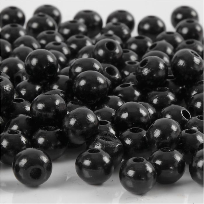 Wooden Beads, dia. 8 mm, hole size 2 mm, ca. 80 pc, black, 15 g/ 1 pack