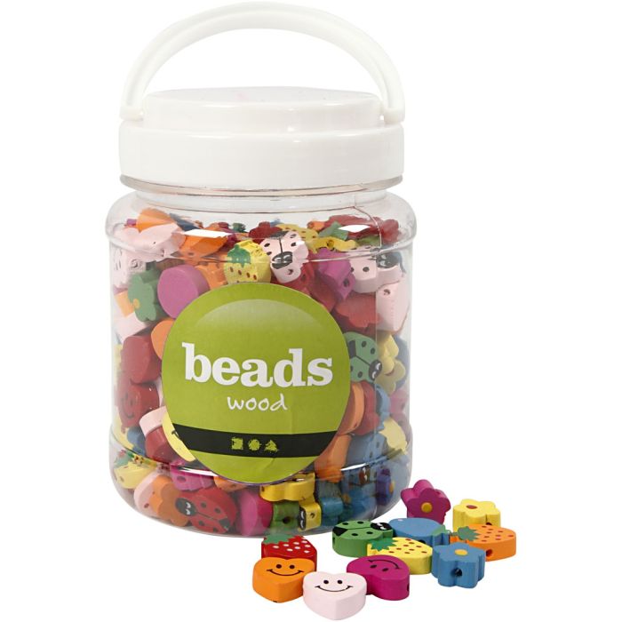 Shaped Wooden Beads, size 15-20 mm, hole size 1,5 mm, ca. 325 pc, 235 g, 700 ml/ 1 tub