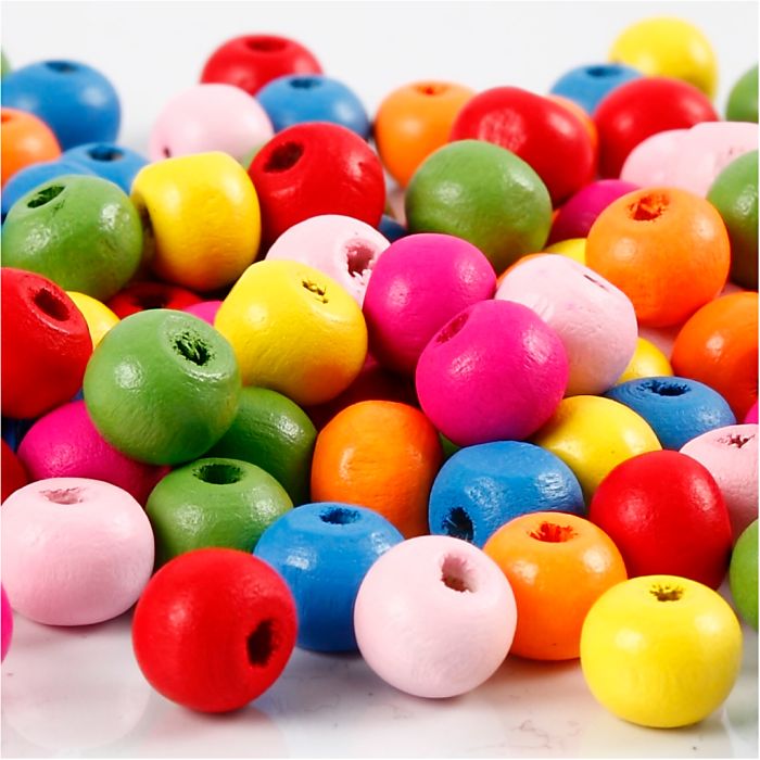 Wooden Beads, dia. 8 mm, hole size 1,5-2 mm, ca. 90 asstd., assorted colours, 16 g/ 1 pack