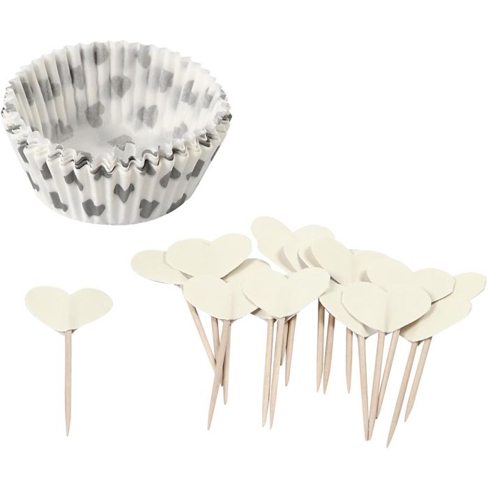 Cupcake Cases and Picks, H: 3 cm, dia. 5 cm, 40 g, off-white, 24 set/ 1 pack