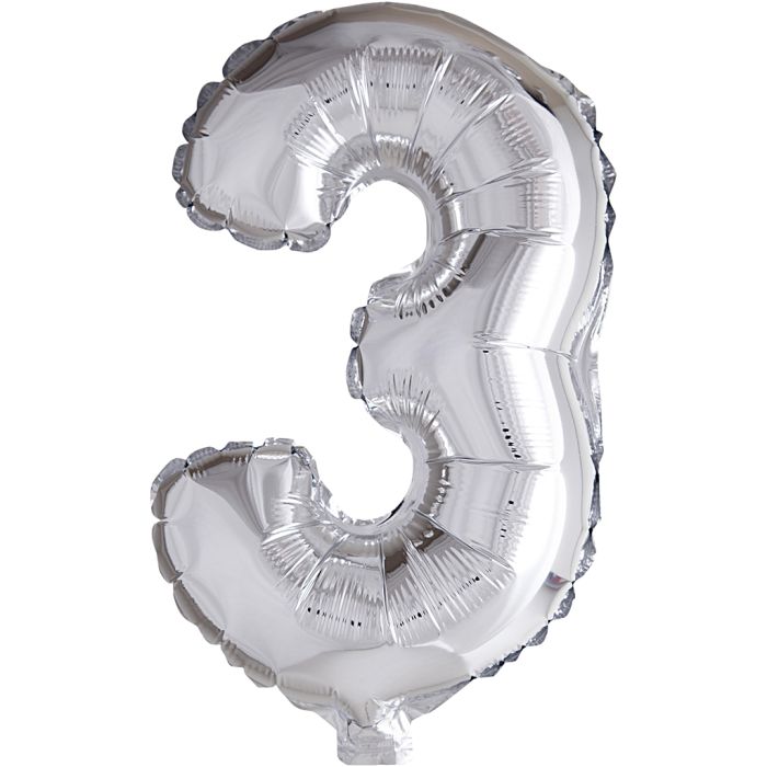 Foil Balloon, 3, H: 41 cm, silver, 1 pc