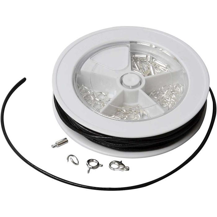 Jewellery Starter Kit, Leather laces, black, silver-plated, 1 set