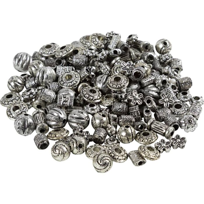 Bead Mix, dia. 3-20 mm, hole size 1,5-3 mm, silver, 50 g/ 1 pack