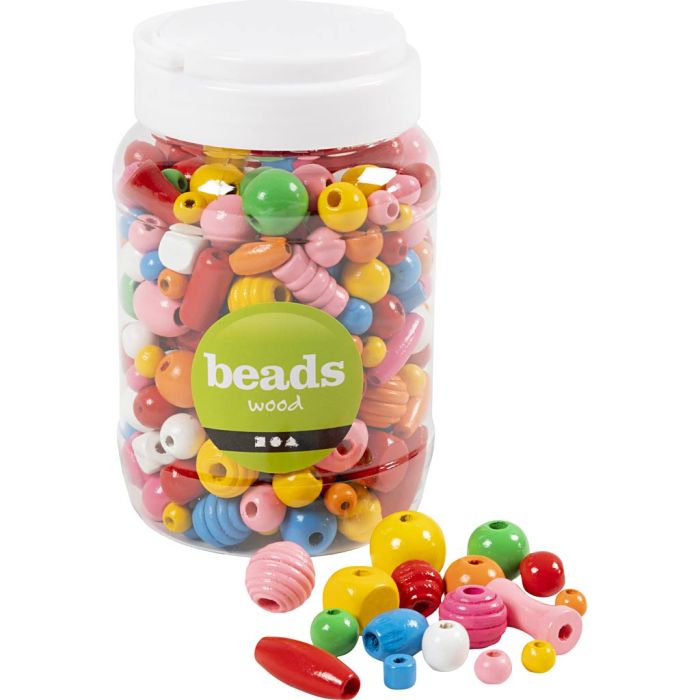 Wooden Beads, size 5-28 mm, hole size 2,5-3 mm, ca. 466 pc, assorted colours, 175 g, 400 ml/ 1 bucket