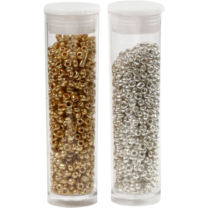 Rocaille seed beads, dia. 1,7 mm, size 15/0, hole size 0,5-0,8 mm, gold, silver, 2x7 g/ 1 pack