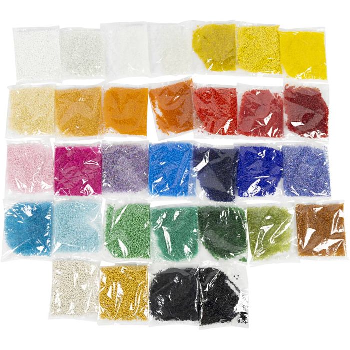 Rocaille seed beads, dia. 1,7+3+4 mm, size 6/0+8/0+12/0, hole size 0,5-1,2 mm, Colour may vary , 32x100 g/ 1 pack