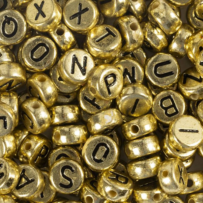 Letter Beads, dia. 7 mm, hole size 1,2 mm, ca. 200 pc, gold, 21 g/ 1 pack