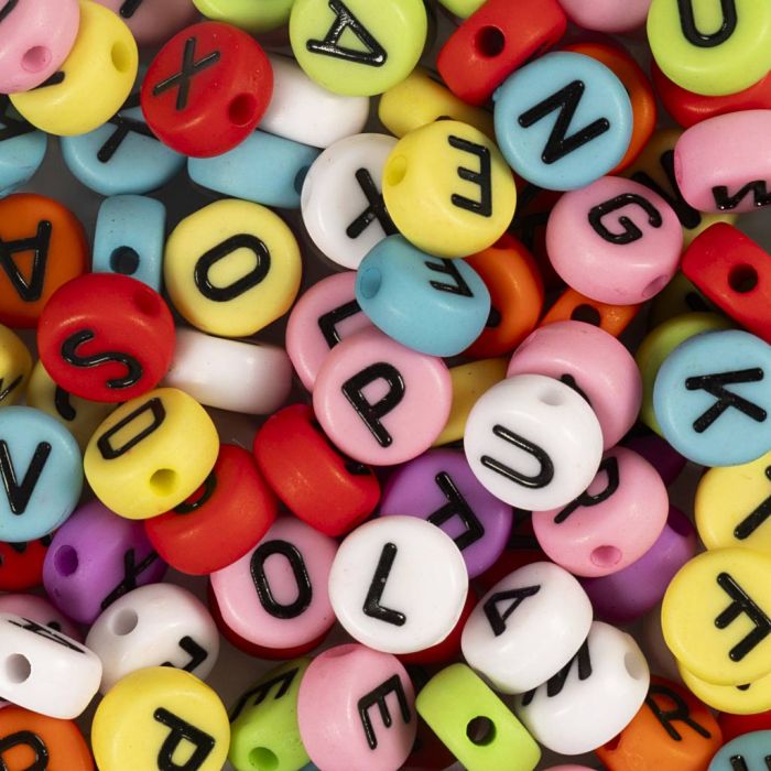 Round letter beads, dia. 7 mm, hole size 1-2 mm, ca. 200 pc, assorted colours, 25 g/ 1 pack