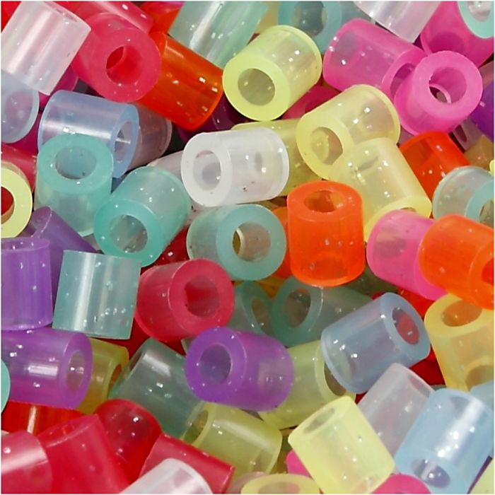 Fuse Beads, size 5x5 mm, hole size 2,5 mm, medium, glitter colours, 30000 pc/ 1 pack