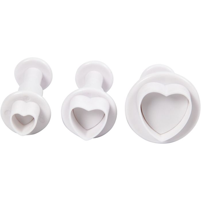 Embossing Cookie Cutters, heart, dia. 2+2,3+3 cm, white, 3 pc/ 1 pack