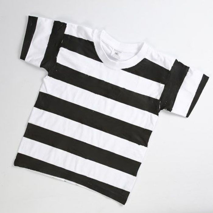 A Prison Uniform made from a white T-Shirt with black Stripes