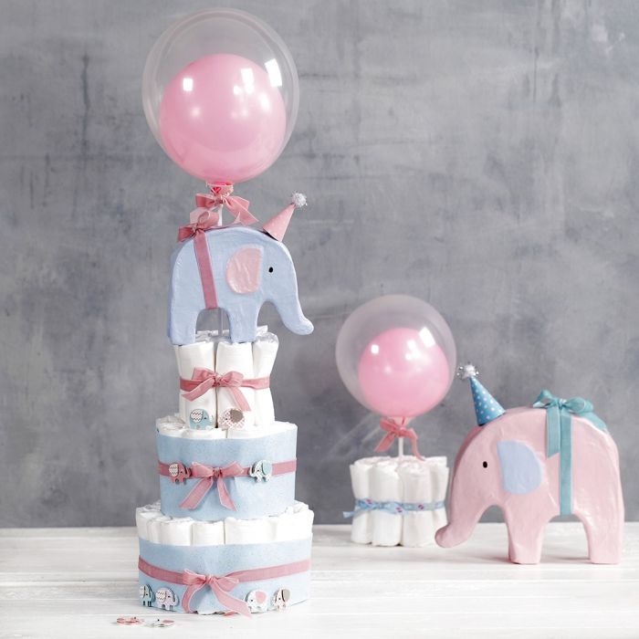 A tiered Nappy Cake with Elephants and Balloons