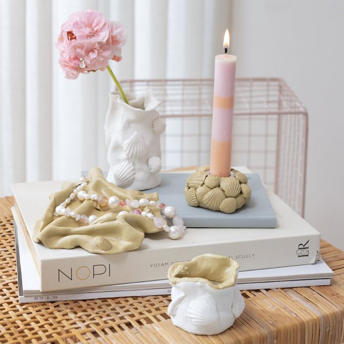 Vase, tealight holder, candle holder and a small dish in self-hardening clay