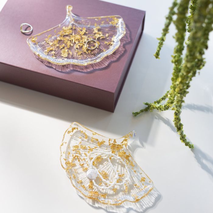 Clear bio-resin cast leaf dish with gold details