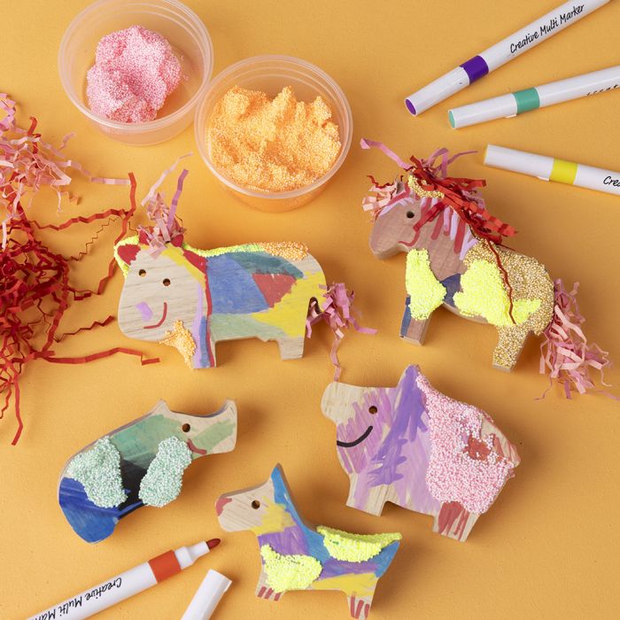 Farm animals decorated with markers, crinkle paper and Foam Clay®