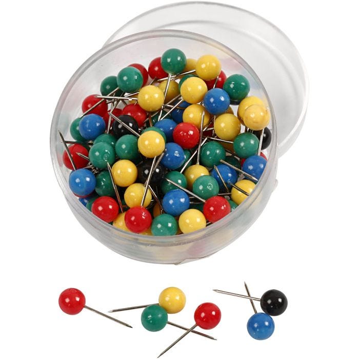 Map Pins, L: 17 mm, dia. 6 mm, assorted colours, 100 asstd./ 1 pack