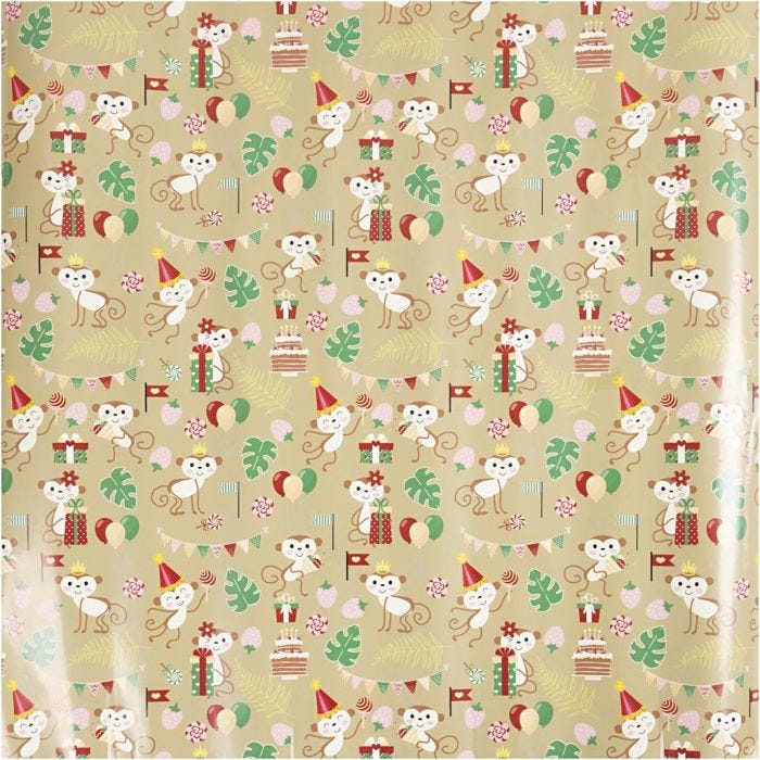 Gift wrap, Festive Monkeys, W: 50 cm, 80 g, 100 m/ 1 roll