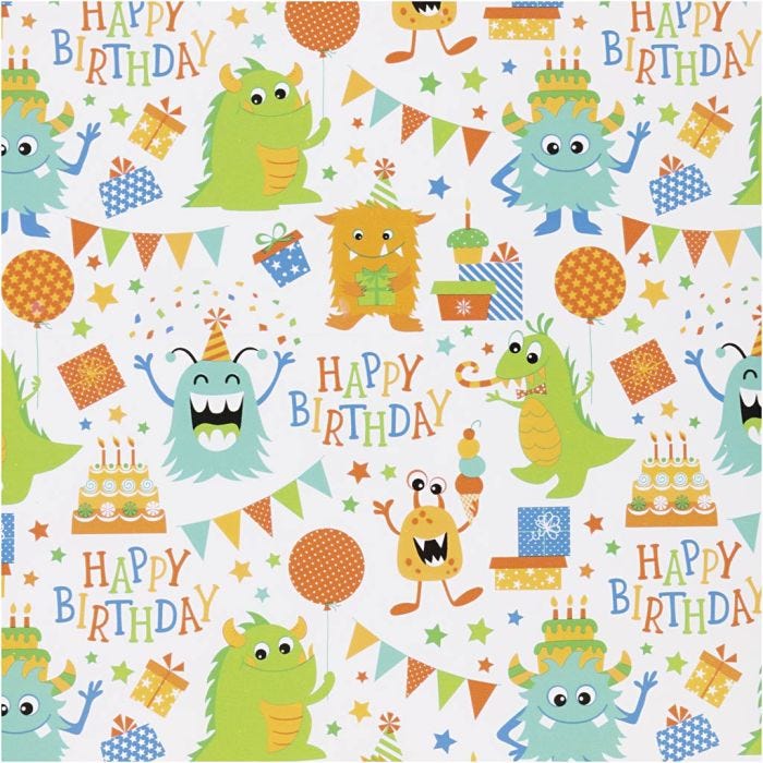 Gift wrap, Birthday, W: 50 cm, 80 g, happy colours, 100 m/ 1 roll